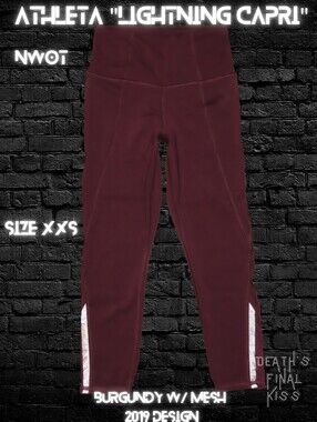 🆕 Athleta Burgundy Lightning Capri Leggings Pockets Mesh Peekaboo Roller Derby